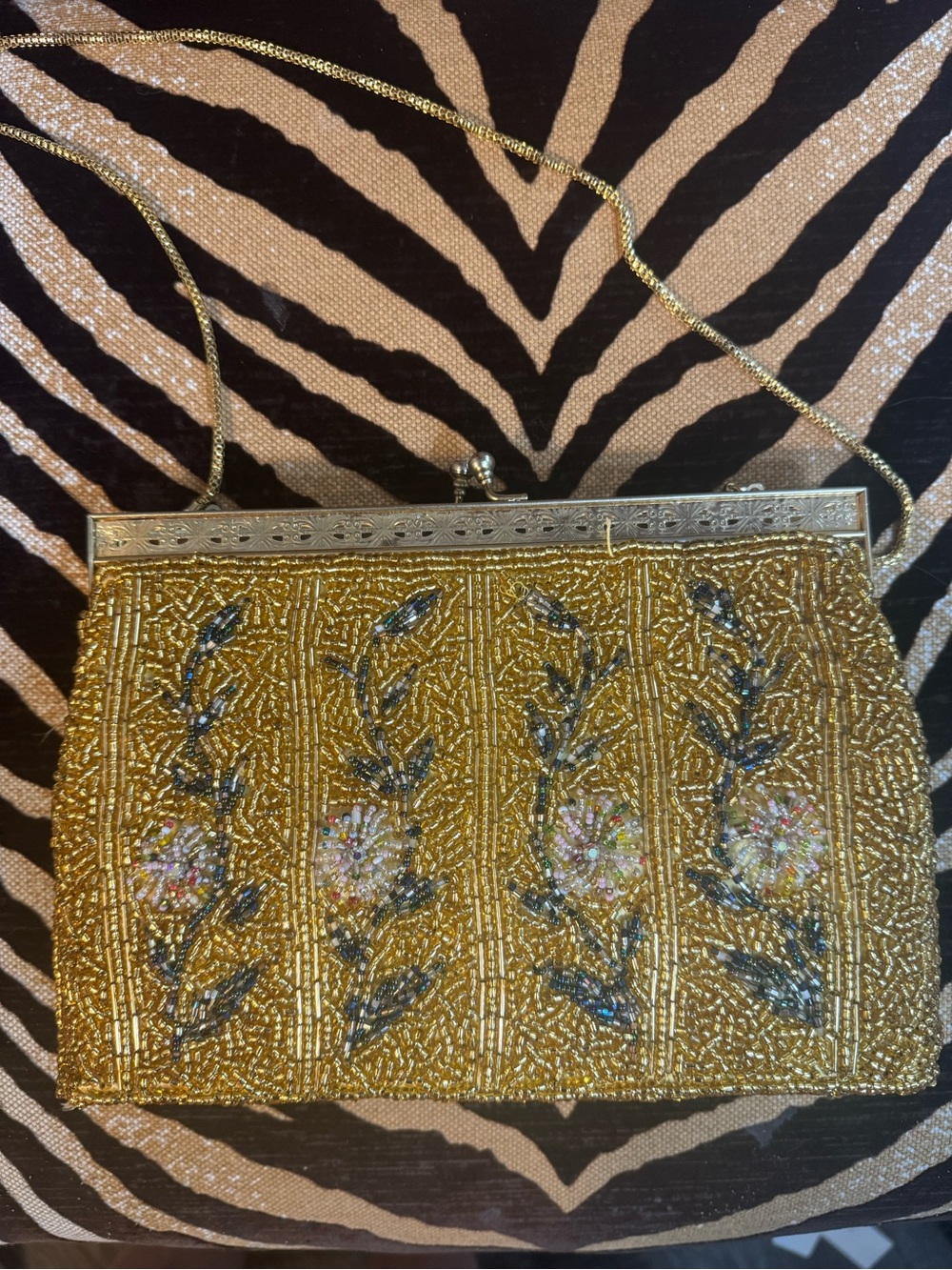 Vintage Gold Beaded Floral Evening Bag/Clutch Chain Strap Purse